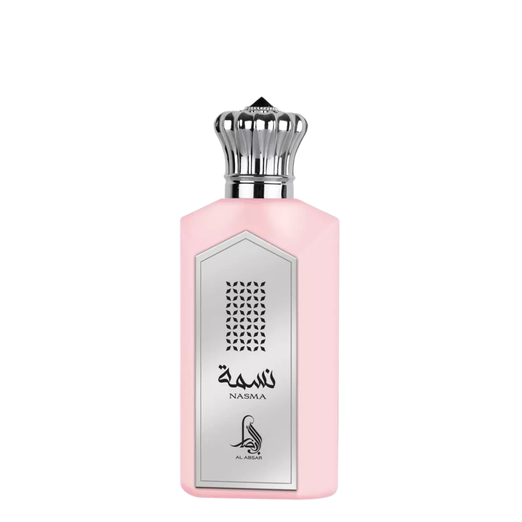 Pink perfume bottle with silver cap on a white background. Nasma by Al Absar Womens Perfume