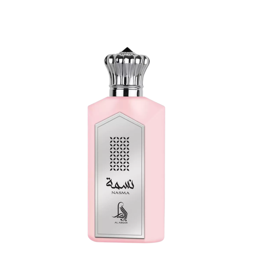 Pink perfume bottle with silver cap on a white background. Nasma by Al Absar Womens Perfume