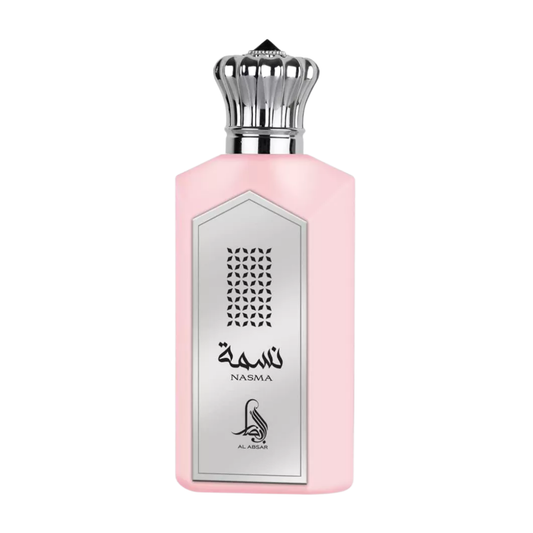 Pink perfume bottle with silver cap on a white background. Nasma by Al Absar Womens Perfume