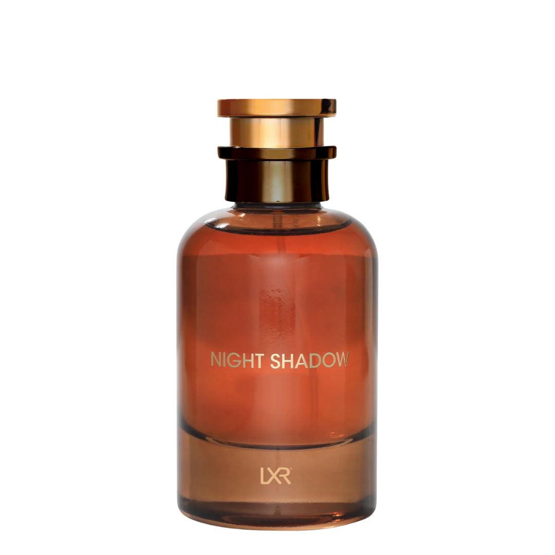 Brown perfume bottle labeled 'Night Shadow' with 'LXR' on a white background
