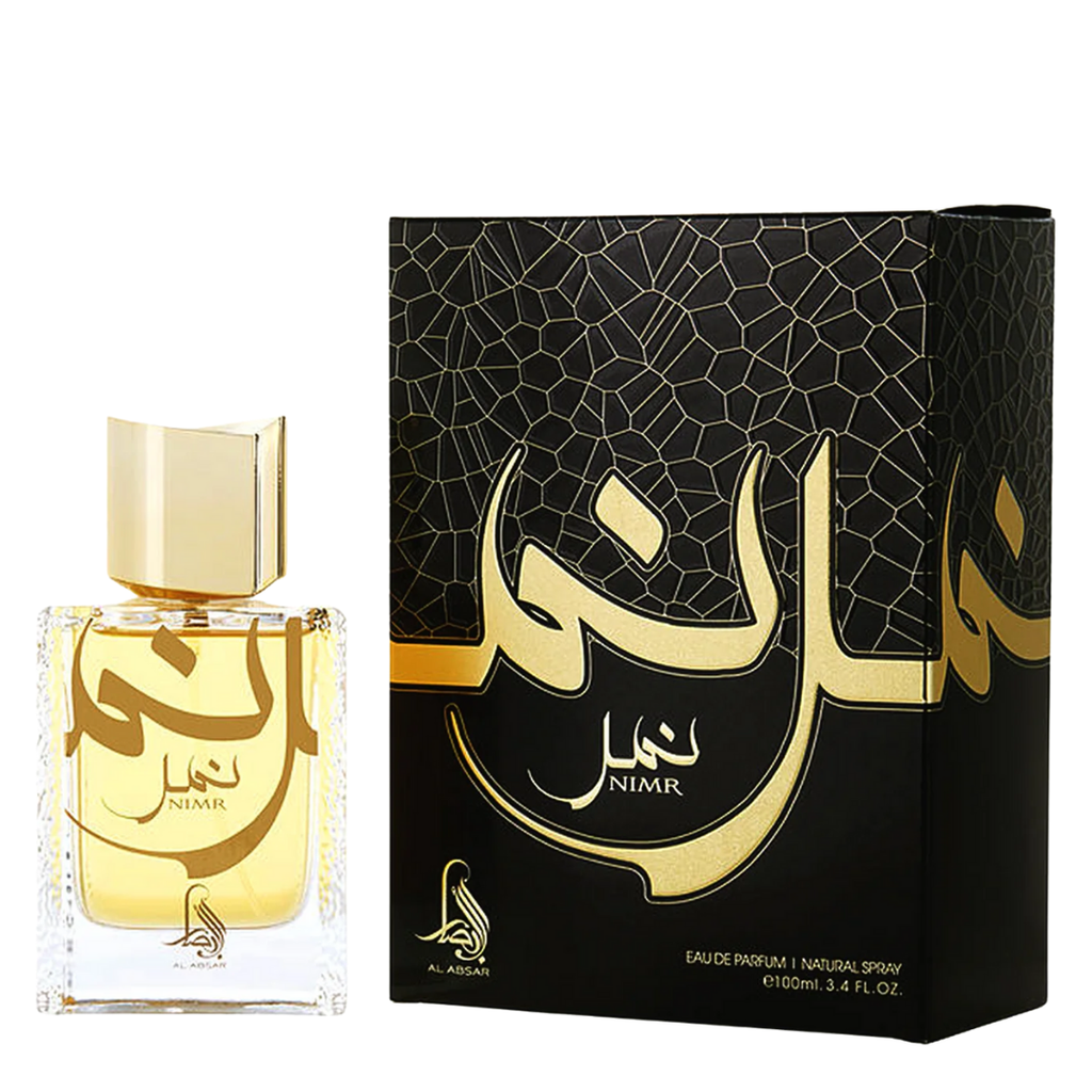 Perfume bottle and packaging of Nimr perfume with gold and black design.