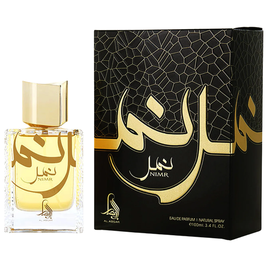 Perfume bottle and packaging of Nimr perfume with gold and black design.
