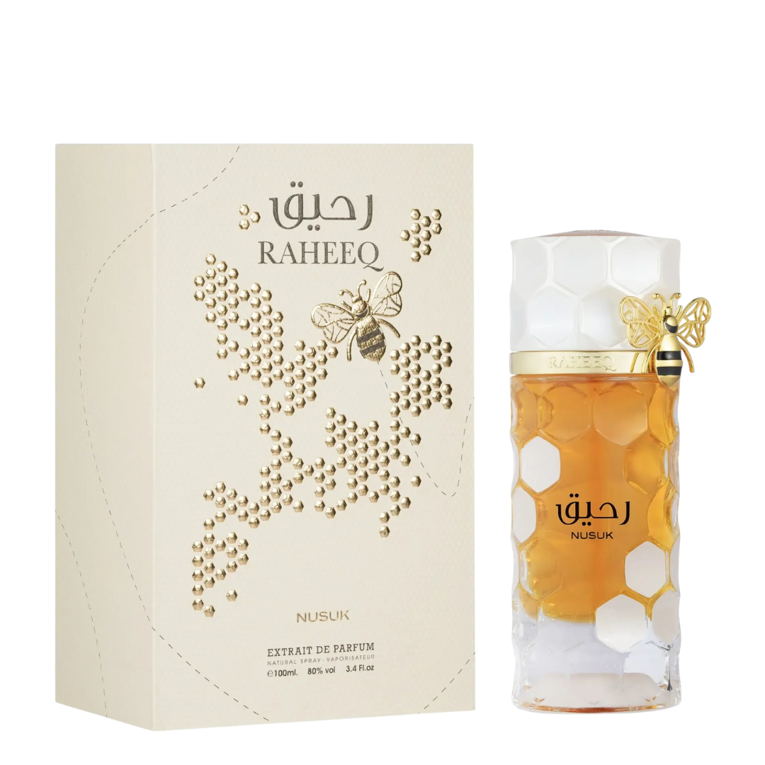 RAHEEQ Nusuk perfume bottle and packaging on a white background