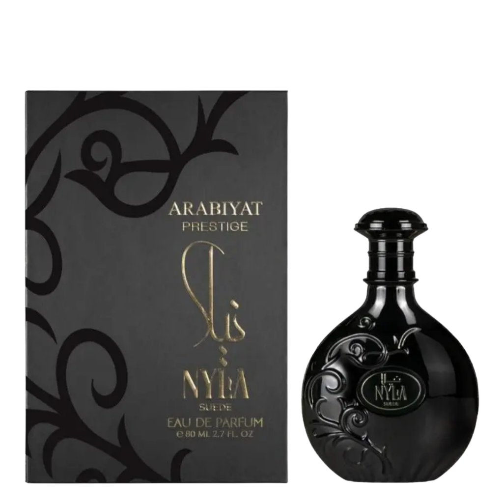 Arabiyat Prestige Nyla Suede perfume bottle with matching black and gold packaging, 80ml unisex oriental fragrance.