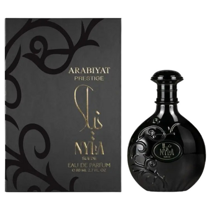 Arabiyat Prestige Nyla Suede perfume bottle with matching black and gold packaging, 80ml unisex oriental fragrance.