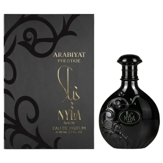 Arabiyat Prestige Nyla Suede perfume bottle with matching black and gold packaging, 80ml unisex oriental fragrance.