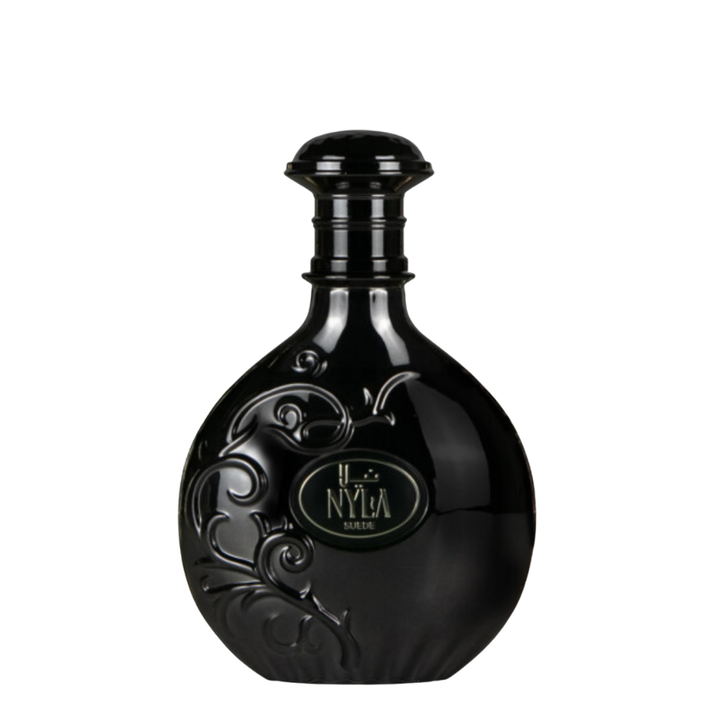 Arabiyat Prestige Nyla Suede Eau de Parfum in elegant black ornamental bottle, luxury oriental fragrance for men and women. A black bottle of Nyla Suede Perfume with decorative patterns and the brand name 'Nyla' displayed prominently on the label.