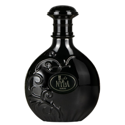 Arabiyat Prestige Nyla Suede Eau de Parfum in elegant black ornamental bottle, luxury oriental fragrance for men and women. A black bottle of Nyla Suede Perfume with decorative patterns and the brand name 'Nyla' displayed prominently on the label.