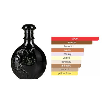 Arabiyat Prestige Nyla Suede perfume bottle with fragrance notes chart highlighting sweet, woody, amber, vanilla, and musky accords.