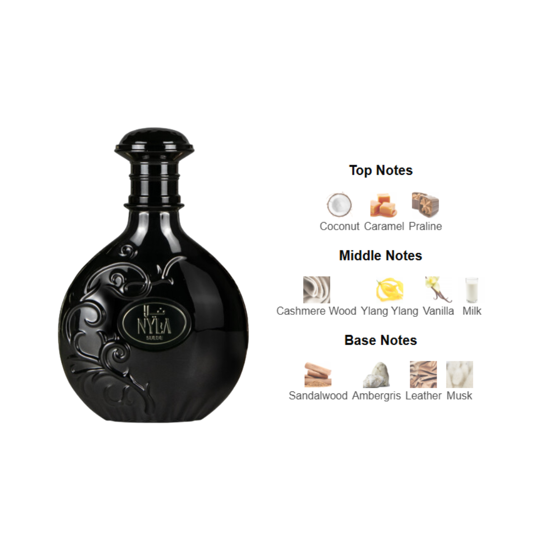 Arabiyat Prestige Nyla Suede perfume bottle with top, middle, and base notes including coconut, caramel, cashmere wood, vanilla, sandalwood, and leather.