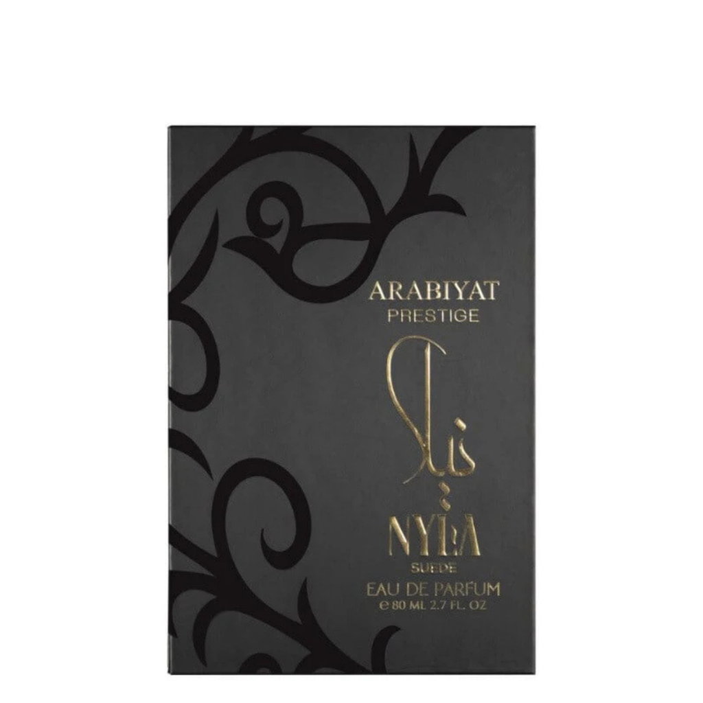 Arabiyat Prestige Nyla Suede black and gold perfume box, premium unisex fragrance with rich oriental woody scent.