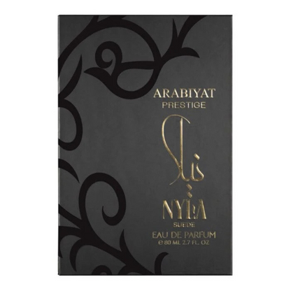 Arabiyat Prestige Nyla Suede black and gold perfume box, premium unisex fragrance with rich oriental woody scent.