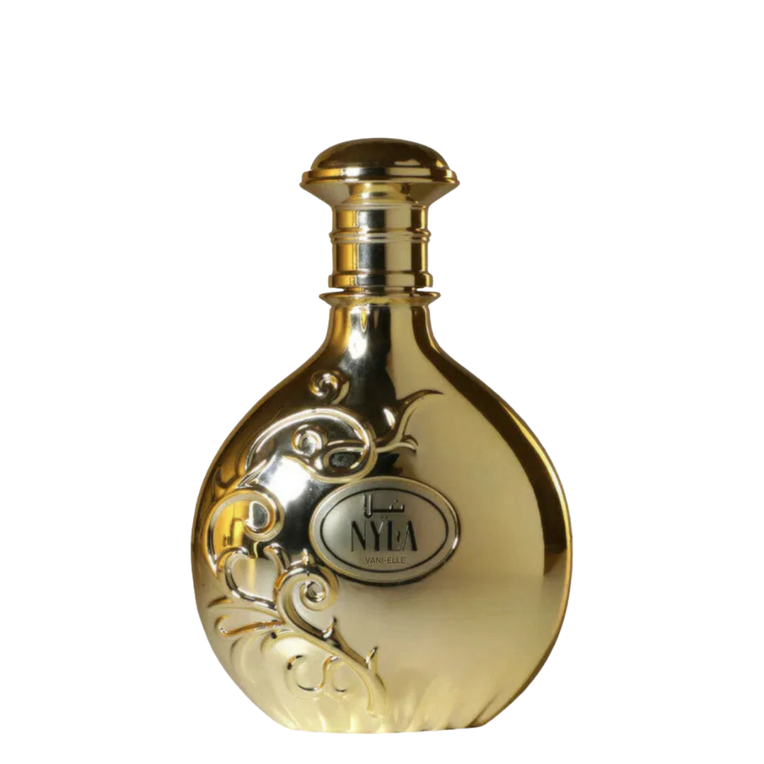 Nyla Vani-Elle Eau de Parfum by Arabiyat Prestige – Luxurious gold perfume bottle with embossed floral detailing and elegant branding. 
