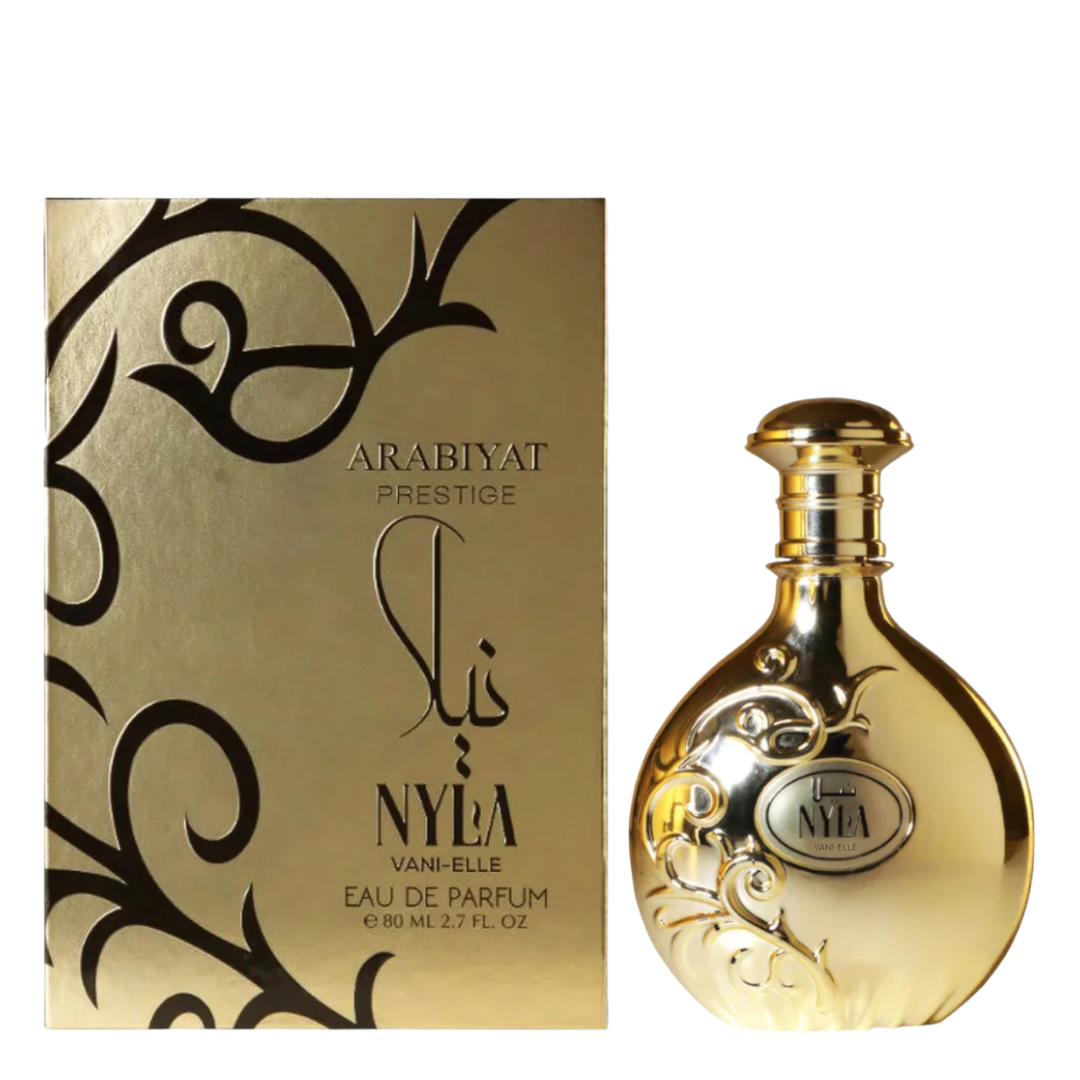 Nyla Vani-Elle Perfume Gift Set – Gold fragrance bottle and matching embossed box by Arabiyat Prestige, 80ml Eau de Parfum for women. 