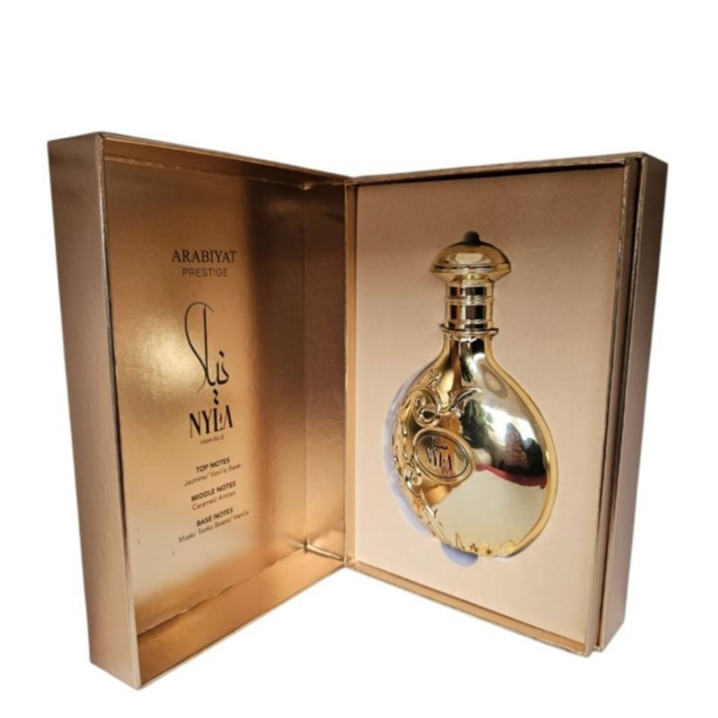 Nyla Vani-Elle by Arabiyat – Unboxed luxury perfume showcasing the ornate gold bottle inside premium gold presentation box with listed fragrance notes. 