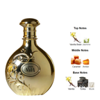 Nyla Vani-Elle Fragrance Pyramid – Perfume bottle beside detailed note breakdown: vanilla bean, jasmine, caramel, amber, tonka, and musk. 
