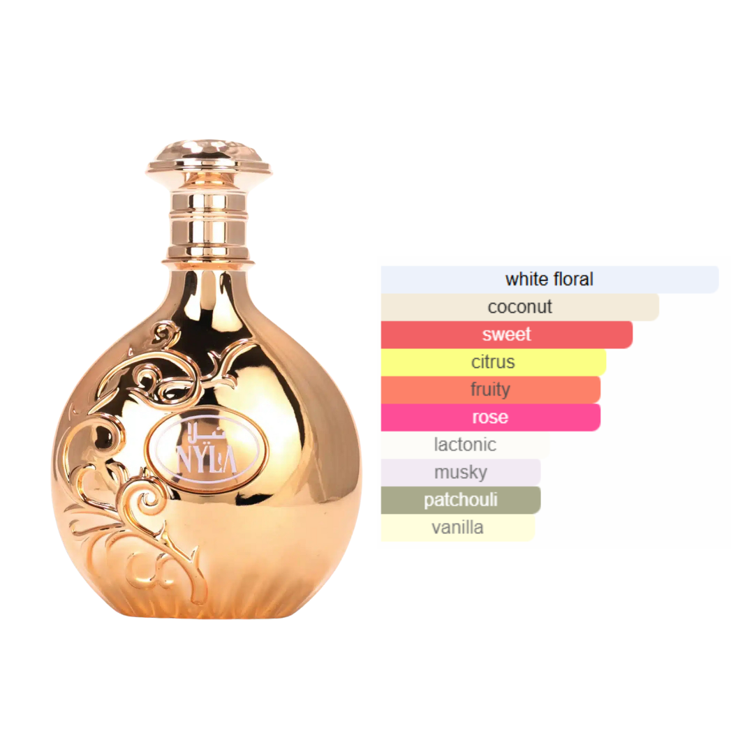 Nyla perfume by Arabiyat – 80ml EDP with scent notes / accords including white floral, coconut, sweet, citrus, rose, and vanilla. womens perfume.