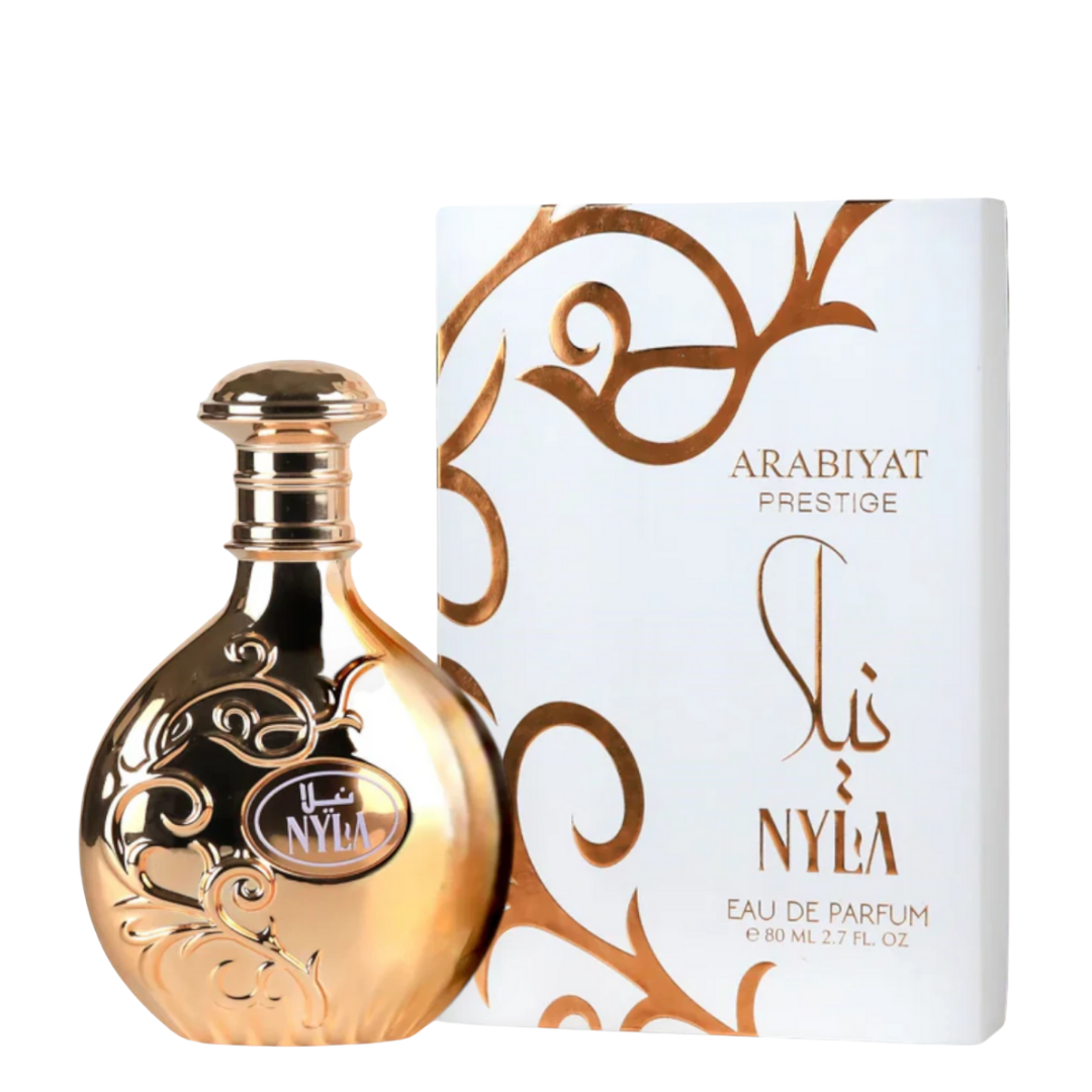 Nyla by Arabiyat Prestige – 80ml women’s Eau de Parfum in decorative gold bottle and artistic white box. womens perfume.