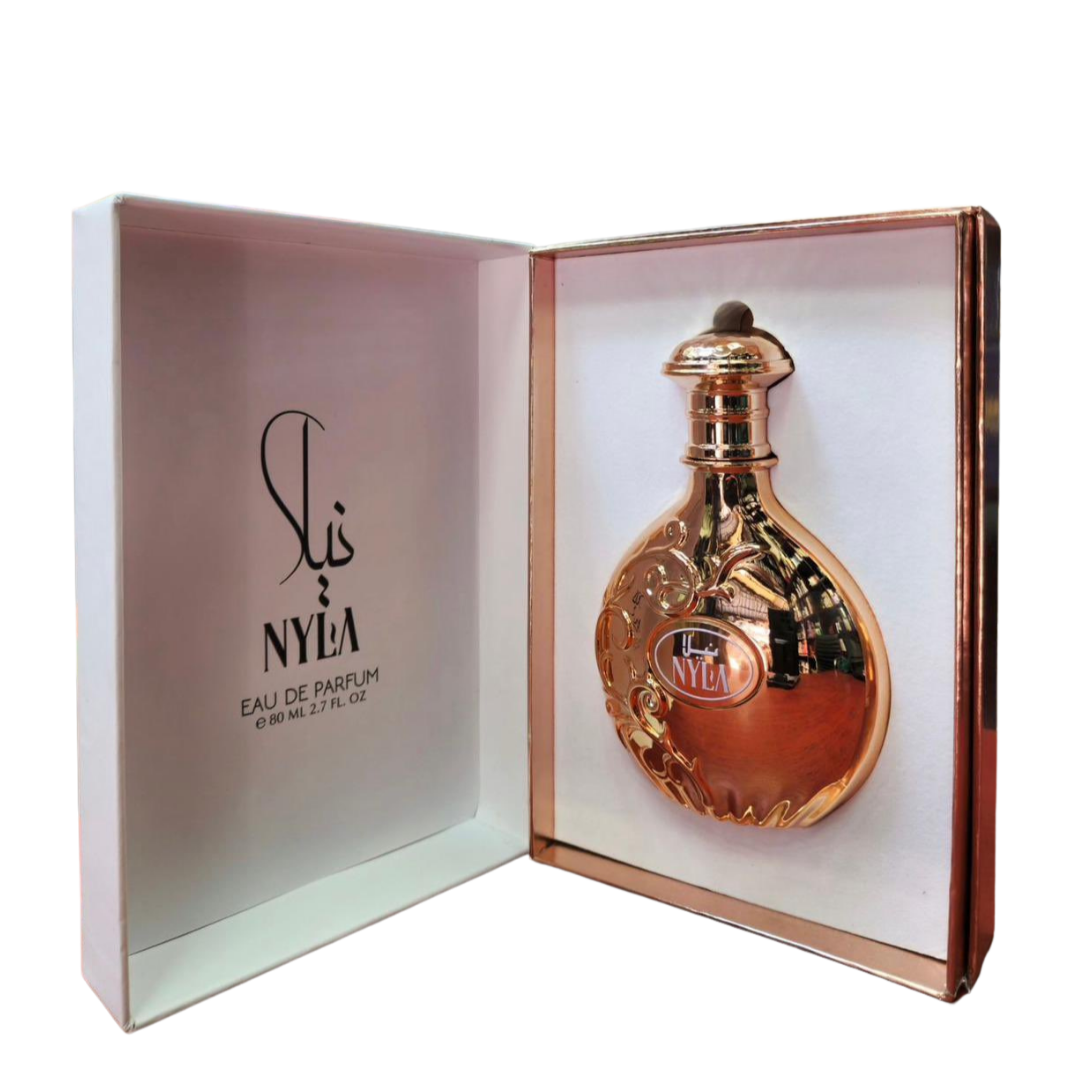 Arabiyat Prestige Nyla Eau de Parfum 80ml in deluxe gift box – oriental floral fragrance with metallic gold finish. womens fragrance.