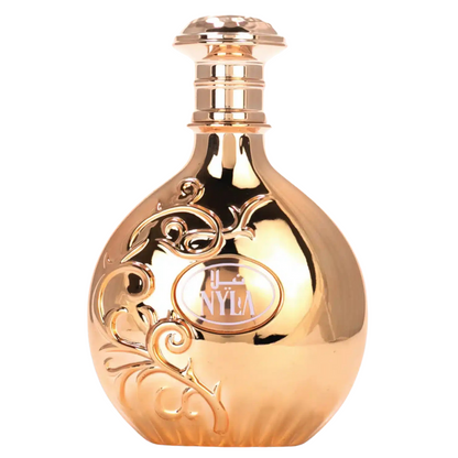 Nyla Eau de Parfum by Arabiyat Prestige – luxurious gold floral bottle design with Arabic branding, 80ml women's fragrance.
