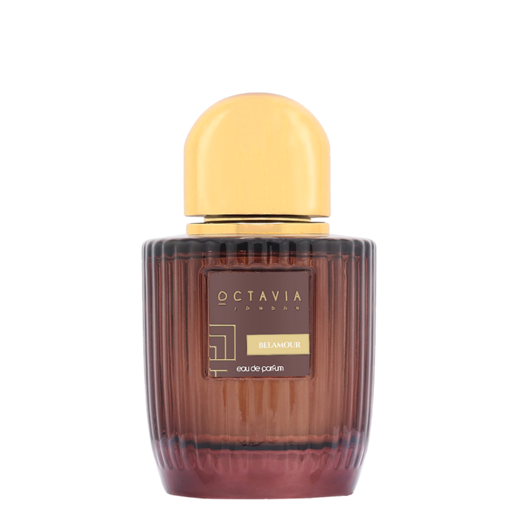 Octavia Belamour perfume bottle with a yellow cap on a white background