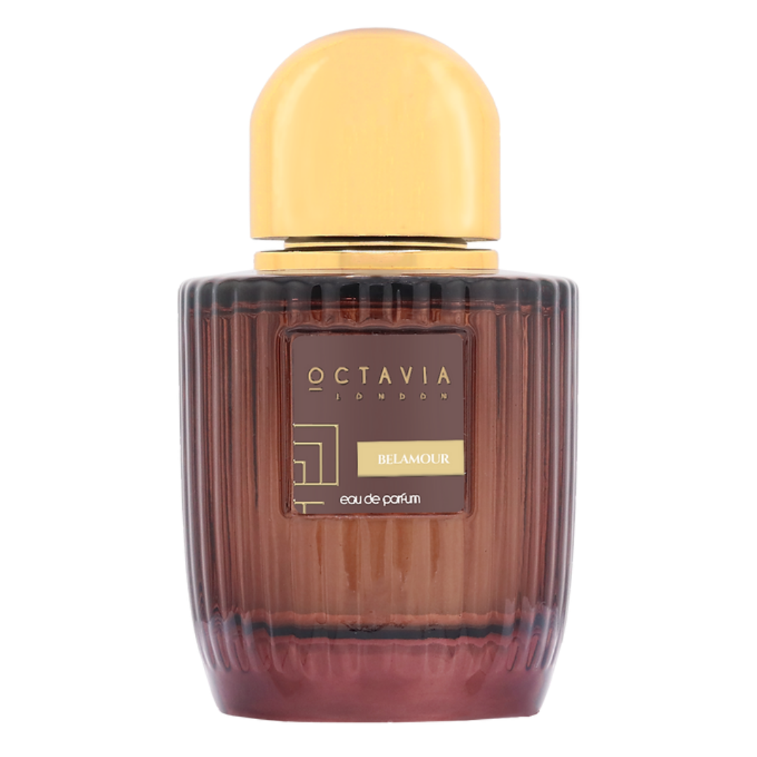 Octavia Belamour perfume bottle with a yellow cap on a white background