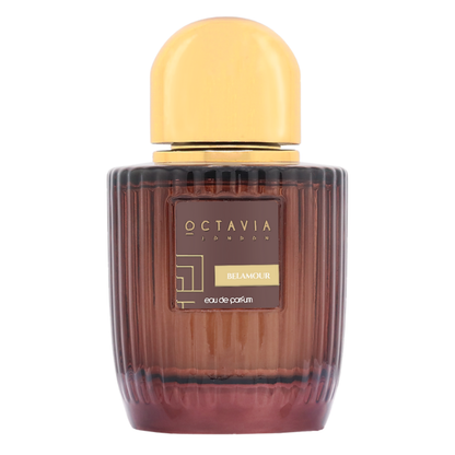 Octavia Belamour perfume bottle with a yellow cap on a white background