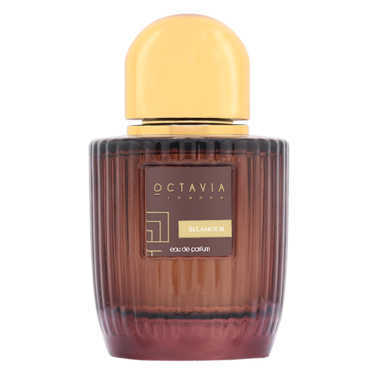 Octavia Belamour perfume bottle with a yellow cap on a white background