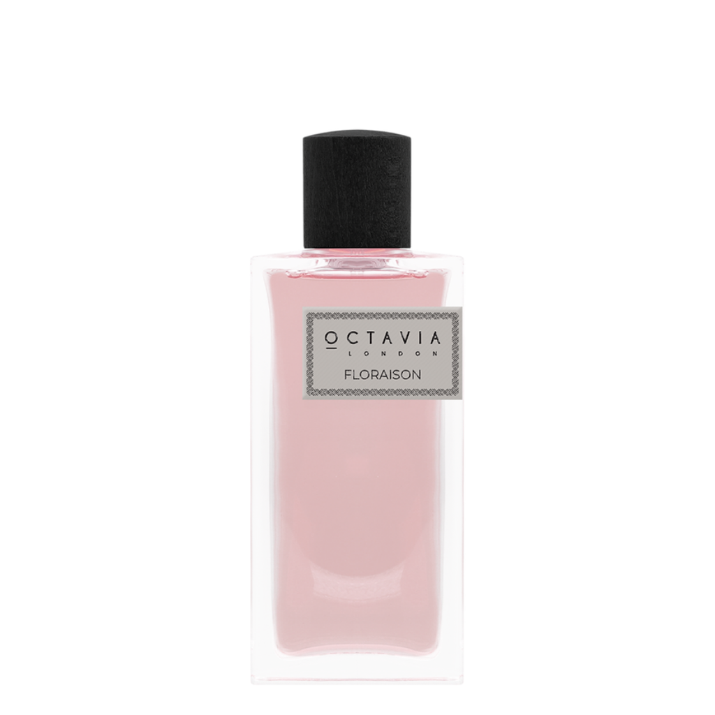 Pink perfume bottle with black cap labeled 'Octavia London Floraison' on a white background