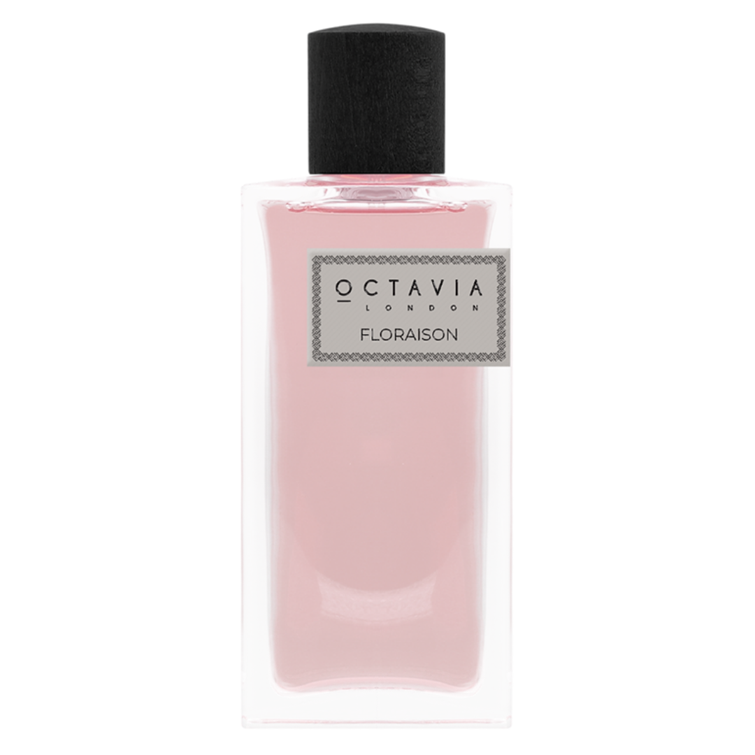 Pink perfume bottle with black cap labeled 'Octavia London Floraison' on a white background
