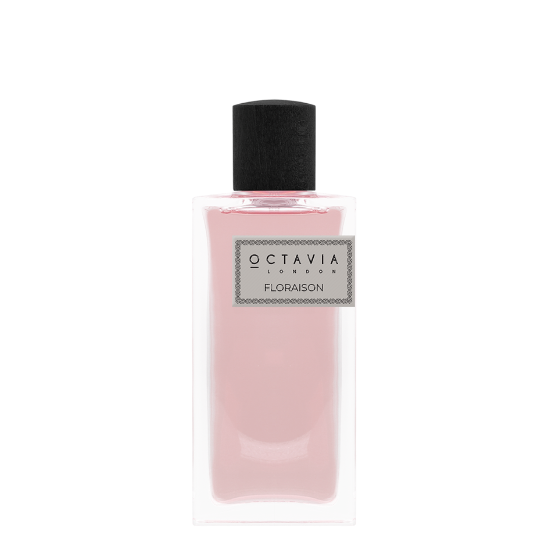 Pink perfume bottle with black cap labeled 'Octavia London Floraison' on a white background