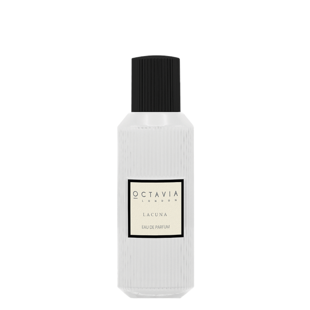 White perfume bottle with black cap and 'Octavia London Lacuna' label on a white background