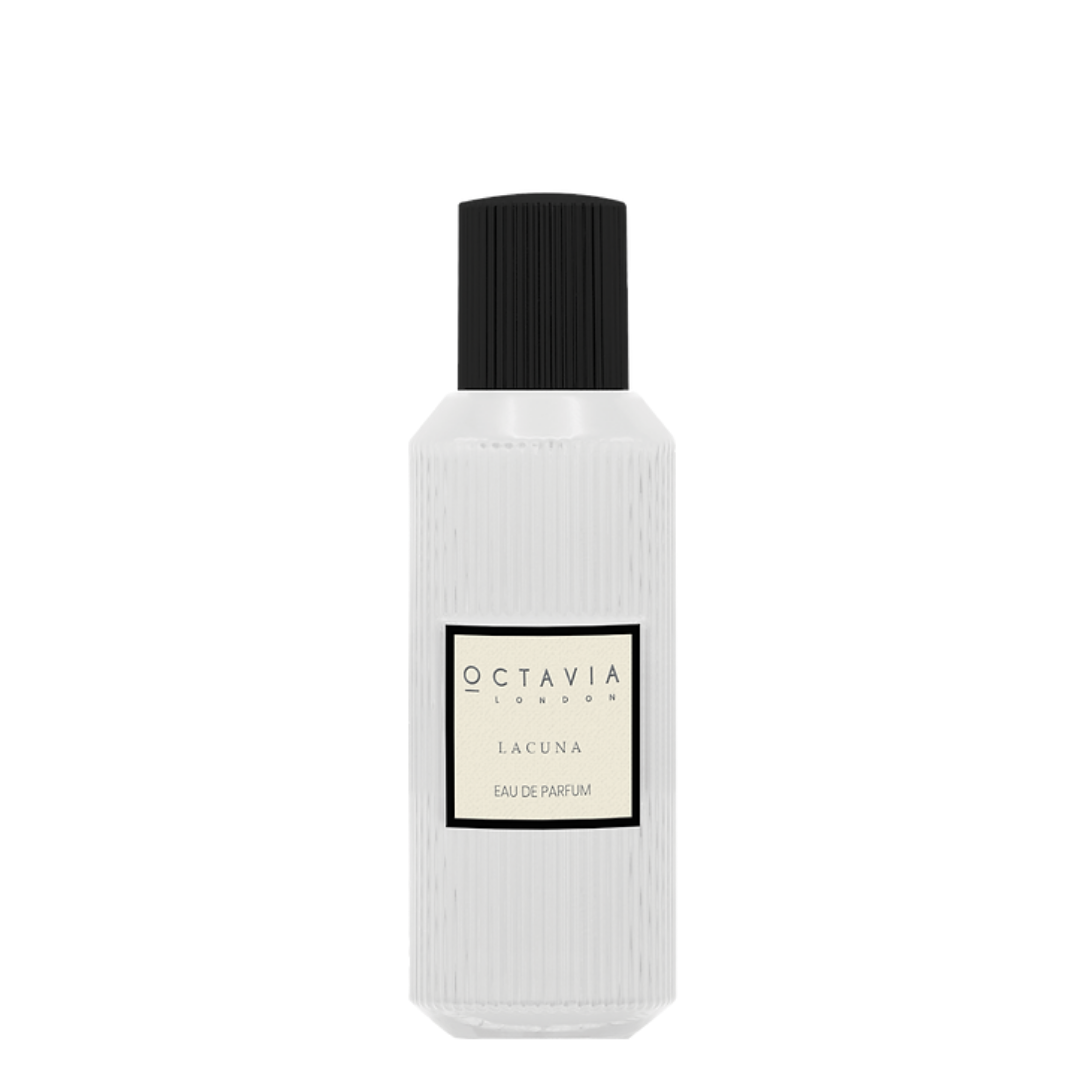White perfume bottle with black cap and 'Octavia London Lacuna' label on a white background