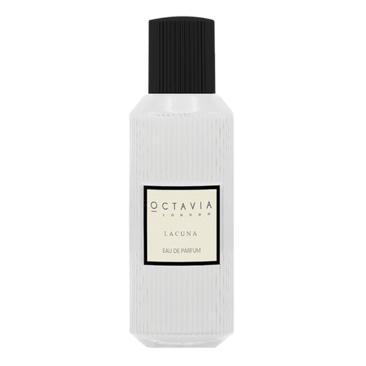 White perfume bottle with black cap and 'Octavia London Lacuna' label on a white background