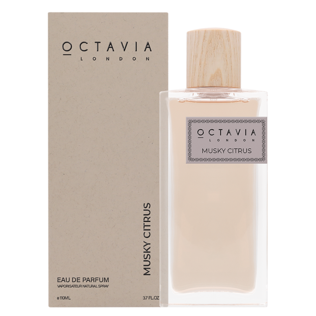 Octavia London Musky Citrus eau de parfum bottle and packaging on a white background