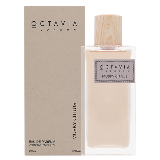 Octavia London Musky Citrus eau de parfum bottle and packaging on a white background