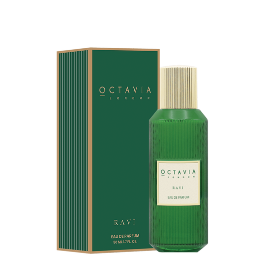 Green Octavia London Ravi Eau de Parfum bottle and packaging on a white background