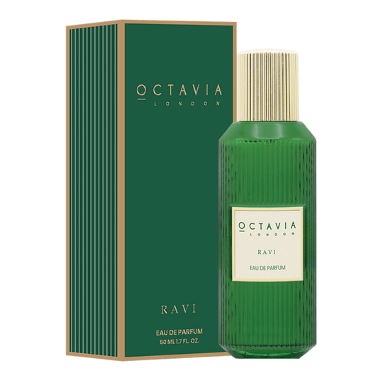 Green Octavia London Ravi Eau de Parfum bottle and packaging on a white background