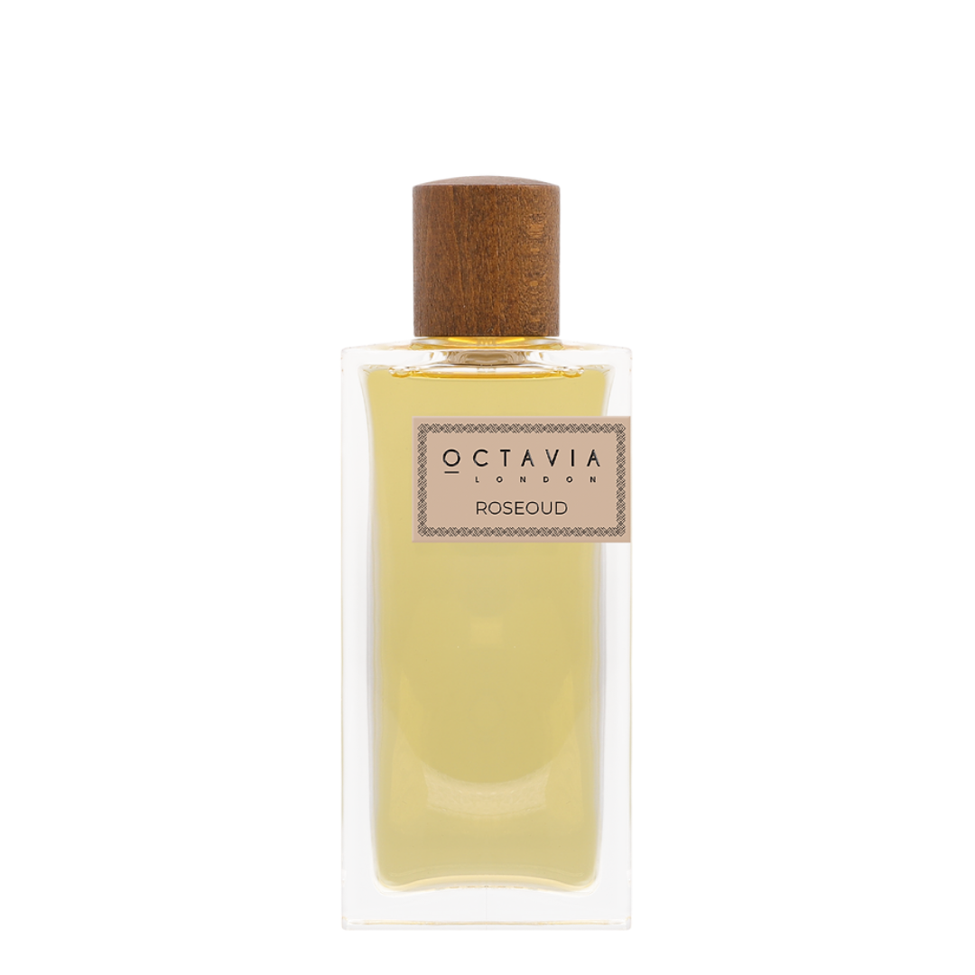 Octavia London Roseoud perfume bottle with wooden cap on a white background