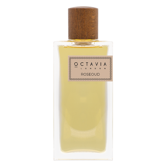 Octavia London Roseoud perfume bottle with wooden cap on a white background