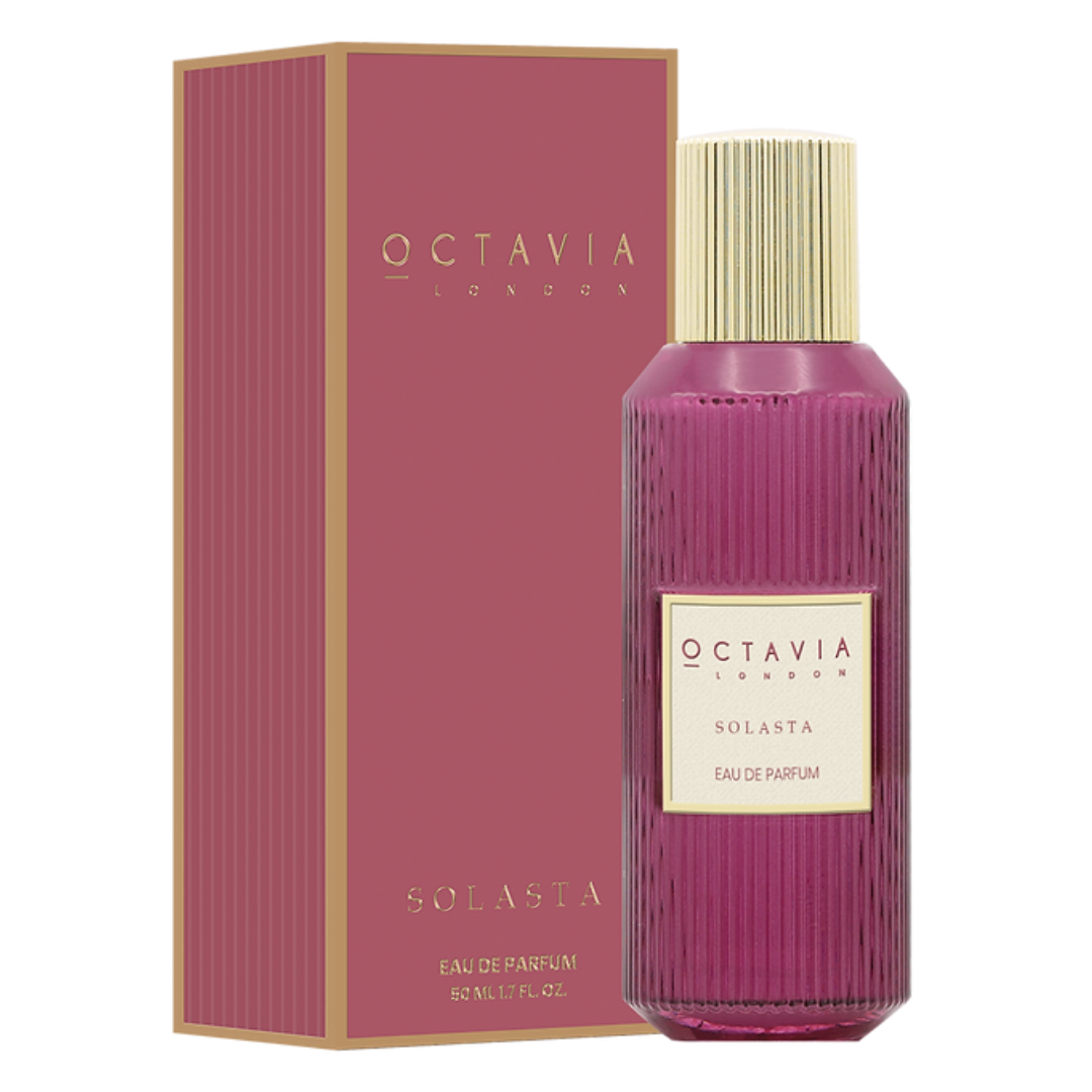 Octavia London Solasta eau de parfum bottle and packaging on a white background