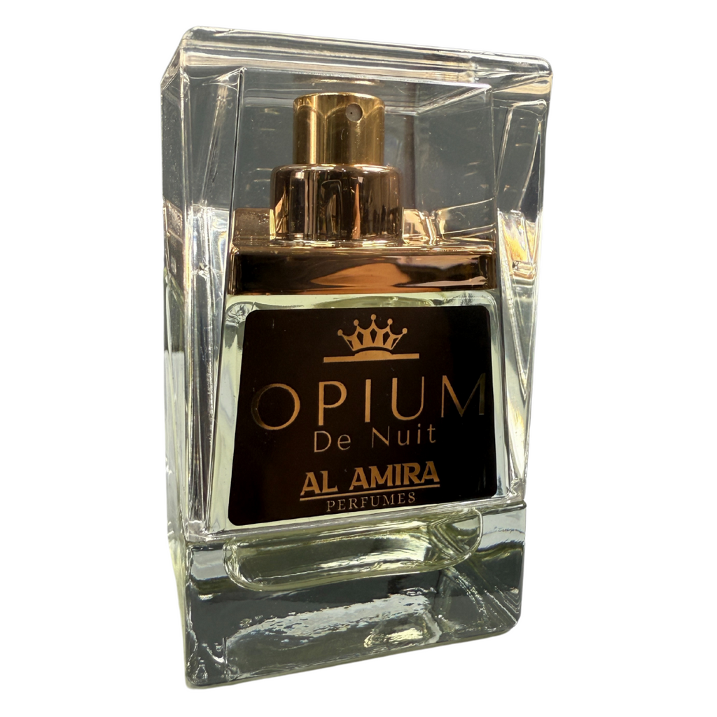 Perfume bottle labeled 'Opium De Nuit' by Al Amira on a white background