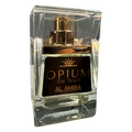 Perfume bottle labeled 'Opium De Nuit' by Al Amira on a white background