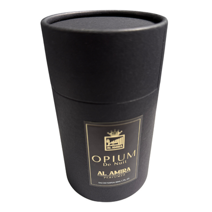 Black container of Al Amira Opium De Nuit perfume on a white background