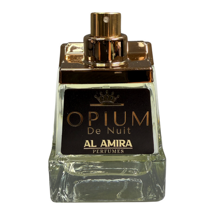 Perfume bottle labeled 'Opium De Nuit' by Al Amira on a white background