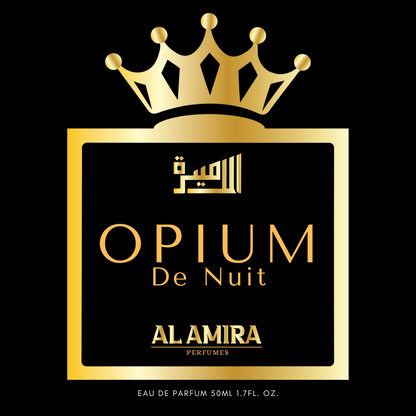 Label of Opium De Nuit perfume by Al Amira with a gold crown design, black background, and text indicating the fragrance name and perfume type, Eau de Parfum, with a quantity of 50ml.