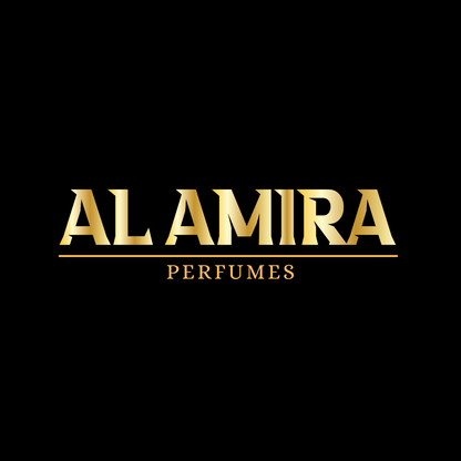 Gold text 'AL AMIRA PERFUMES' on a black background