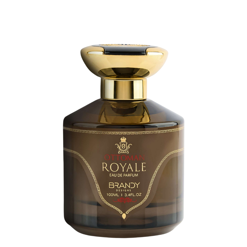 Perfume bottle labeled 'Ottoman Royale Brandy' with gold cap on a white background. Ottoman Royale by Brandy Designs Unisex Perfume