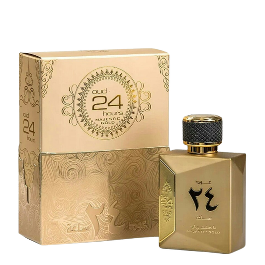 Gold perfume bottle and packaging on a white background. Oud 24 Hours Majestic Gold Unisex Perfume by Ard Al Zaafaran