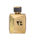A gold-colored perfume bottle with black and gold label, and a textured black cap. Oud 24 Hours Majestic Gold Unisex Perfume by Ard Al Zaafaran